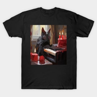 watercolor black cat playing piano T-Shirt